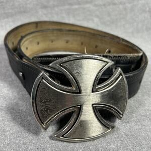 Silver Cutout Open Cross Belt Buckle & Leather Belt Vintage Shows Some Ware